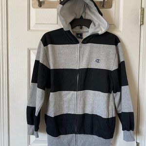 Champion Logo Youth Fleece Striped Full Zip Hoodie Sweatshirt Black Gray XL